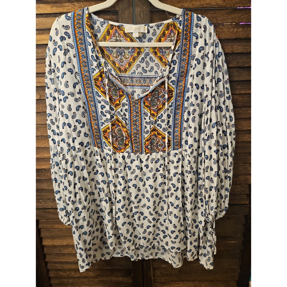 Suzanne Betro Boho Bell Sleeve Peasant Tunic Top 4x Blue Orange Geometric #869